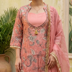 Floral Print & Embroidered  Straight Kurta With Top & Trousers & Dupatta