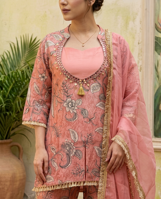 Floral Print & Embroidered  Straight Kurta With Top & Trousers & Dupatta