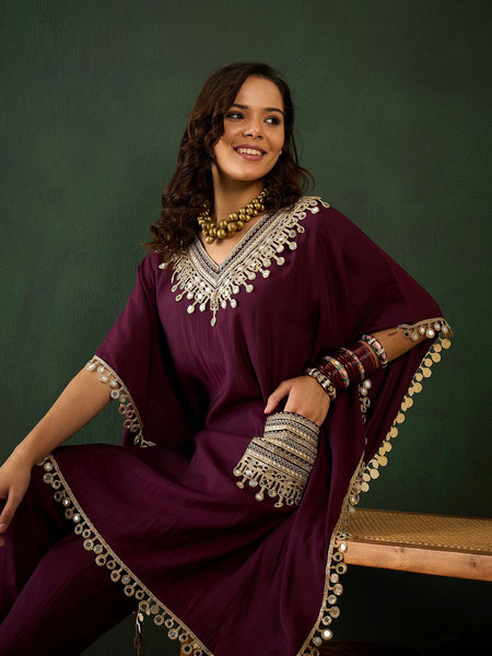 Burgundy Geometric Embroidered V-Neck Mirror Work Kaftan With Trousers