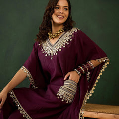 Embroidered  V-Neck Mirror work Kaftan With Trousers