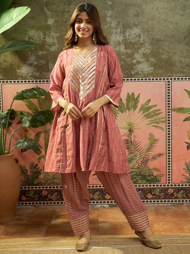Ethnic Motif Print & Gota Work A-Line Kurta With Farsi Salwar & Dupatta Kurta Set