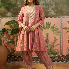Ethnic Motif Print & Gota Work A-Line Kurta With Farsi Salwar & Dupatta Kurta Set