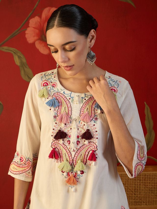 White Floral Embroidered Tunic With Farshi Salwar  Co-Ords Set