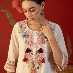White Floral Embroidered Tunic With Farshi Salwar  Co-Ords Set