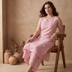Pink Striped Print Pure Cotton Shoulder Straps Kurta & Trousers