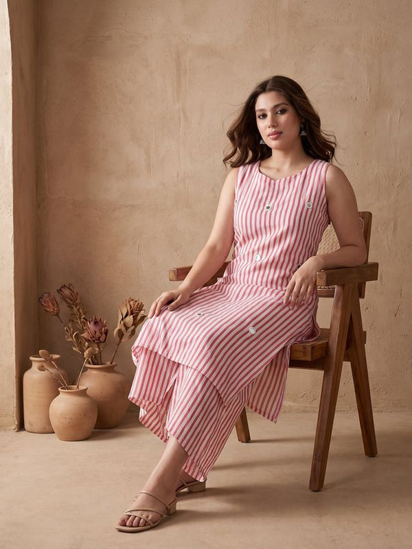 Pink Striped Print Pure Cotton Shoulder Straps Kurta & Trousers