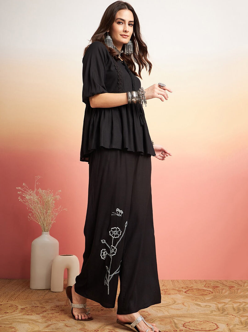 Embellished Lace Up Detail Top & Palazzo Co-Ords Set