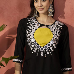 Black And White Mirror Work Round Neck Tunic With Trousers