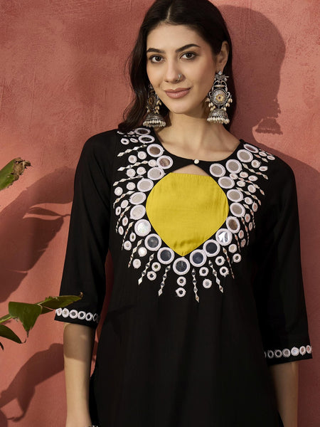 Black And White Mirror Work Round Neck Tunic With Trousers