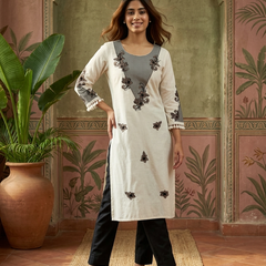 Off White Floral Printed Straight Kurtas