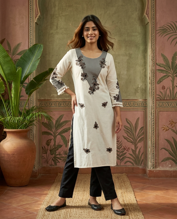 Off White Floral Printed Straight Kurtas