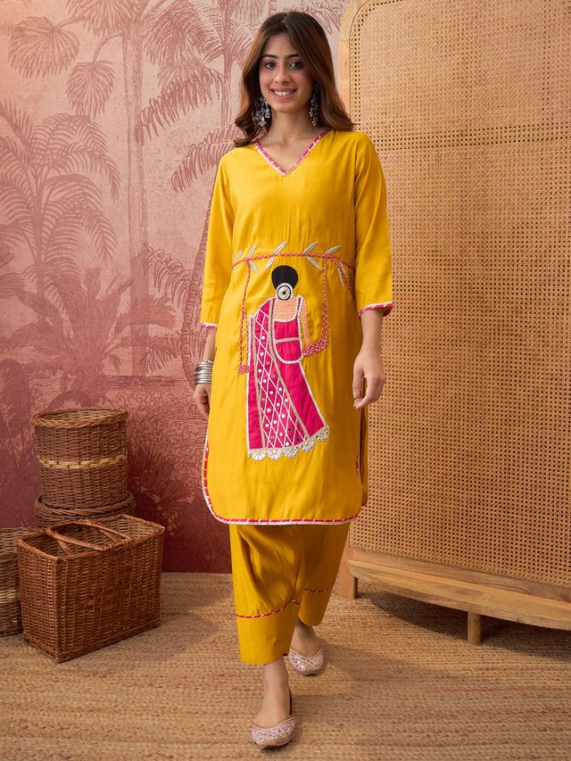 Mustard Ethnic Motif Embroidered Straight Kurta With Trouser & Dupatta Kurta Set