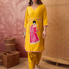 Mustard Ethnic Motif Embroidered Straight Kurta With Trouser & Dupatta Kurta Set