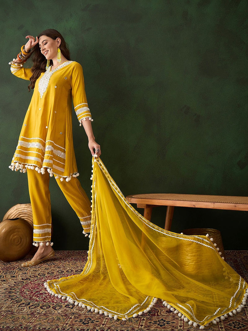 Embroidered Anarkali Kurta & Trousers With Dupatta