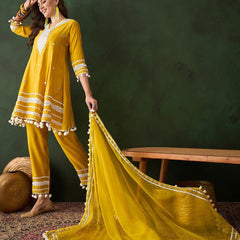 Embroidered Anarkali Kurta & Trousers With Dupatta