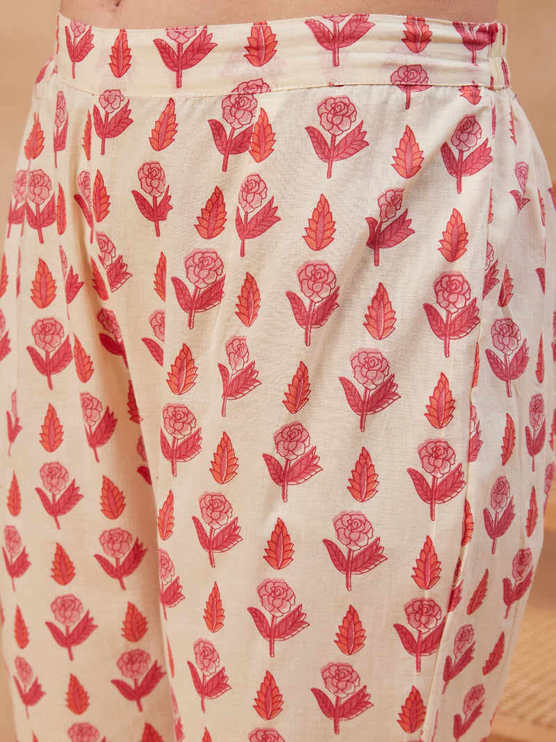 Floral Printed & Sequinned Pure Cotton Kurta With Trousers