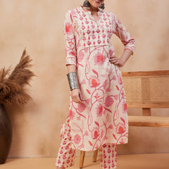 Floral Printed & Sequinned Pure Cotton Kurta With Trousers