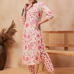 Floral Printed & Sequinned Pure Cotton Kurta With Trousers