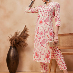 Floral Printed & Sequinned Pure Cotton Kurta With Trousers