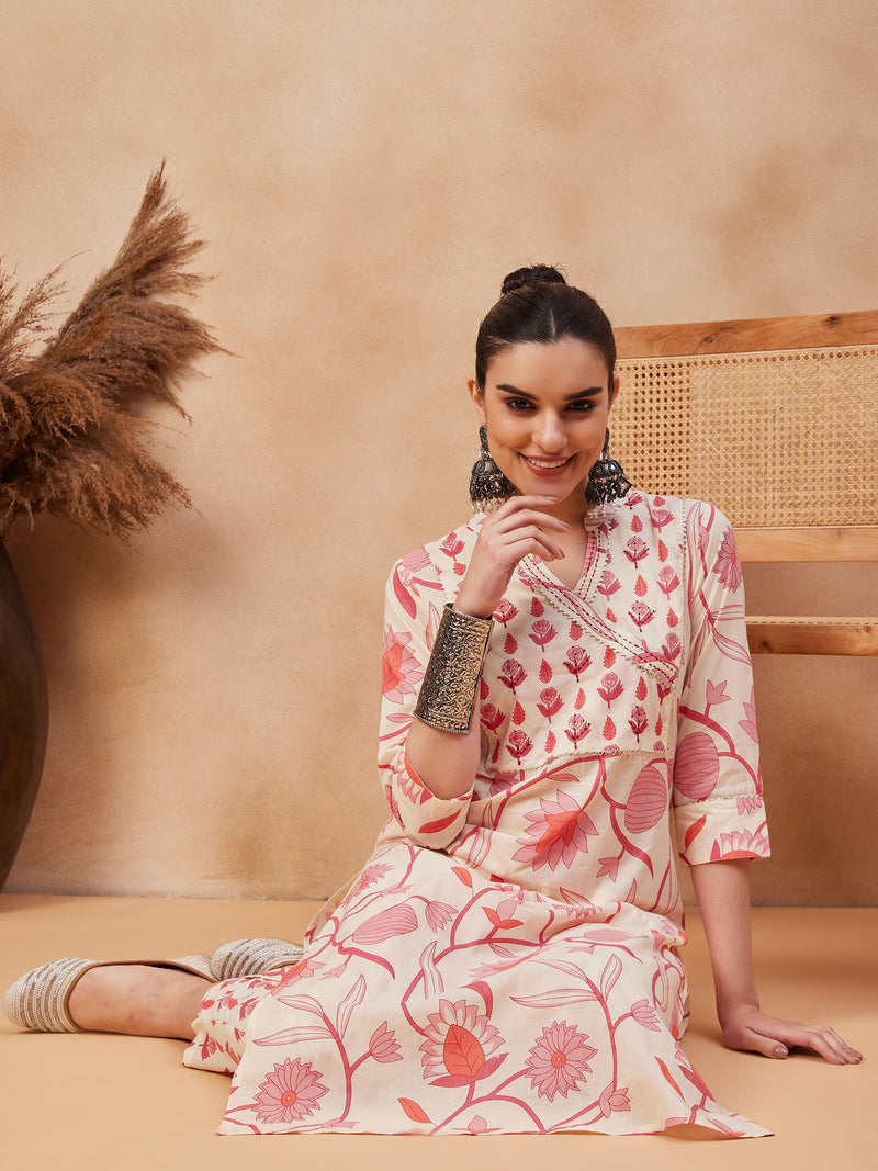 Floral Printed & Sequinned Pure Cotton Kurta With Trousers