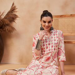 Floral Printed & Sequinned Pure Cotton Kurta With Trousers