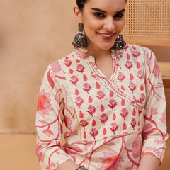 Floral Printed & Sequinned Pure Cotton Kurta With Trousers