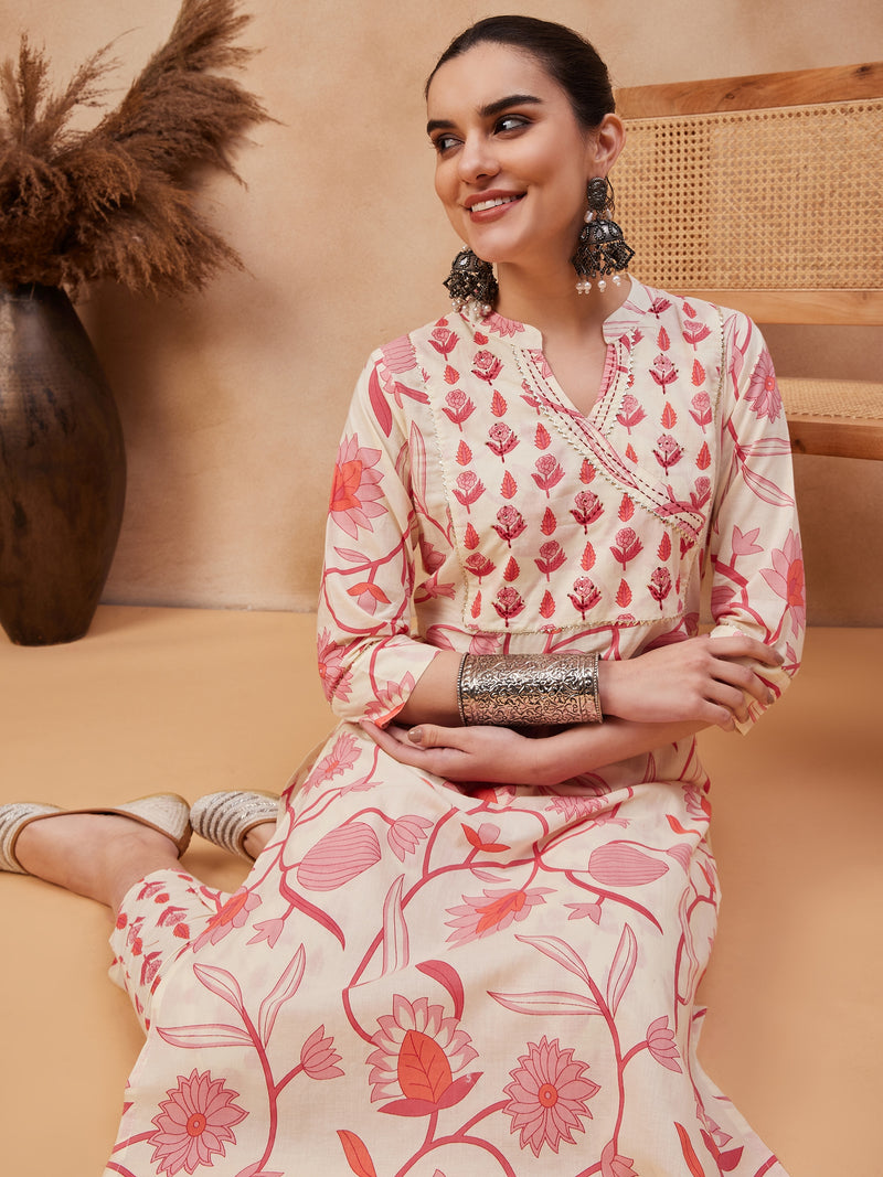 Floral Printed & Sequinned Pure Cotton Kurta With Trousers