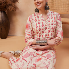Floral Printed & Sequinned Pure Cotton Kurta With Trousers