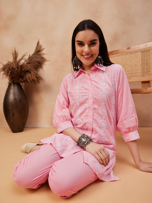 Embroidered Shirt Collar Pure Cotton Top With Trouser Co-Ords