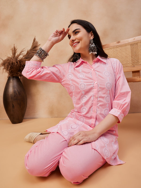 Embroidered Shirt Collar Pure Cotton Top With Trouser Co-Ords