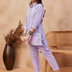 Embroidered Shirt Collar Pure Cotton Top With Trouser Co-Ords