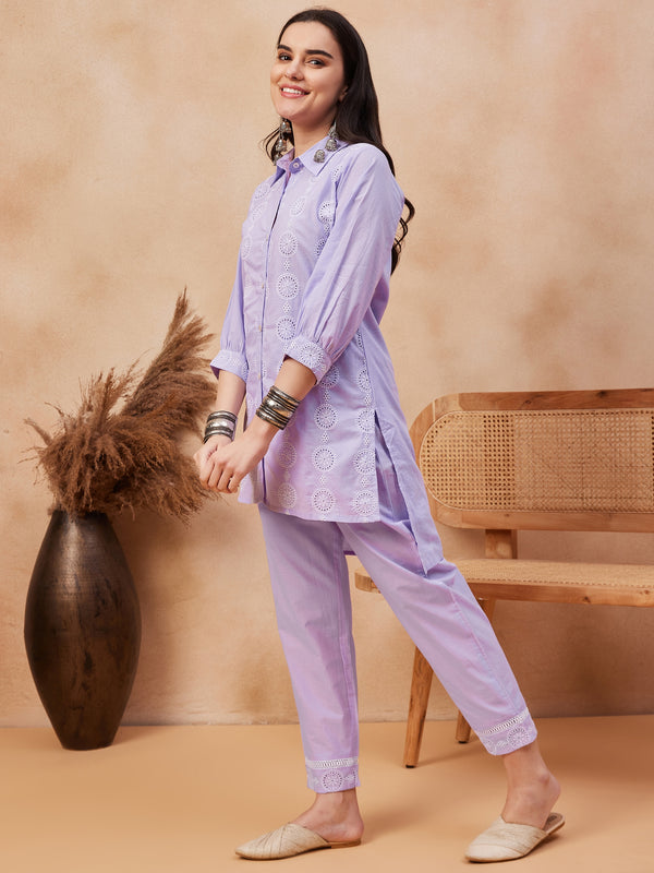 Embroidered Shirt Collar Pure Cotton Top With Trouser Co-Ords