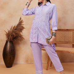 Embroidered Shirt Collar Pure Cotton Top With Trouser Co-Ords