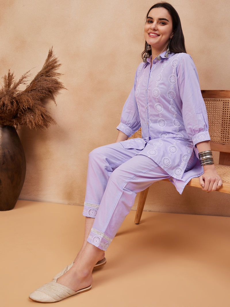 Embroidered Shirt Collar Pure Cotton Top With Trouser Co-Ords