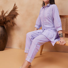 Embroidered Shirt Collar Pure Cotton Top With Trouser Co-Ords