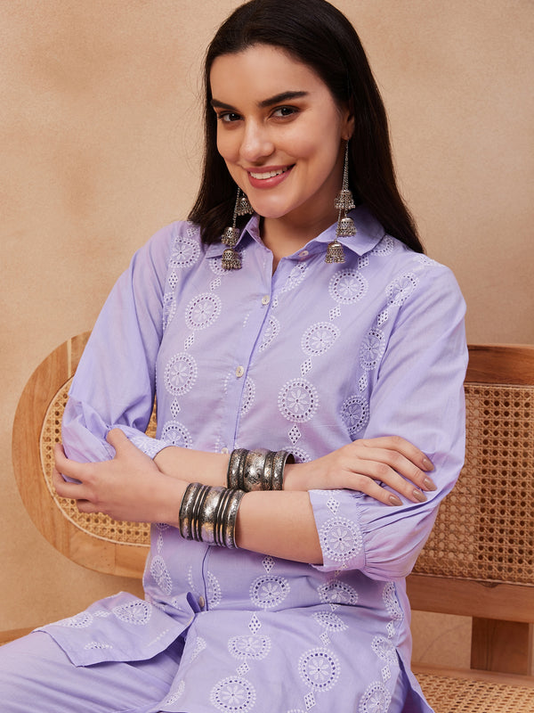 Embroidered Shirt Collar Pure Cotton Top With Trouser Co-Ords