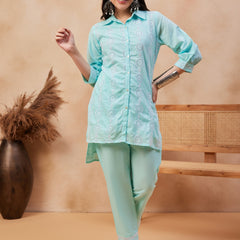 Cotton Schiffli Shirt-Collar Top With Trouser Co-Ords