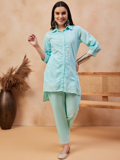 Cotton Schiffli Shirt-Collar Top With Trouser Co-Ords