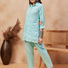 Cotton Schiffli Shirt-Collar Top With Trouser Co-Ords
