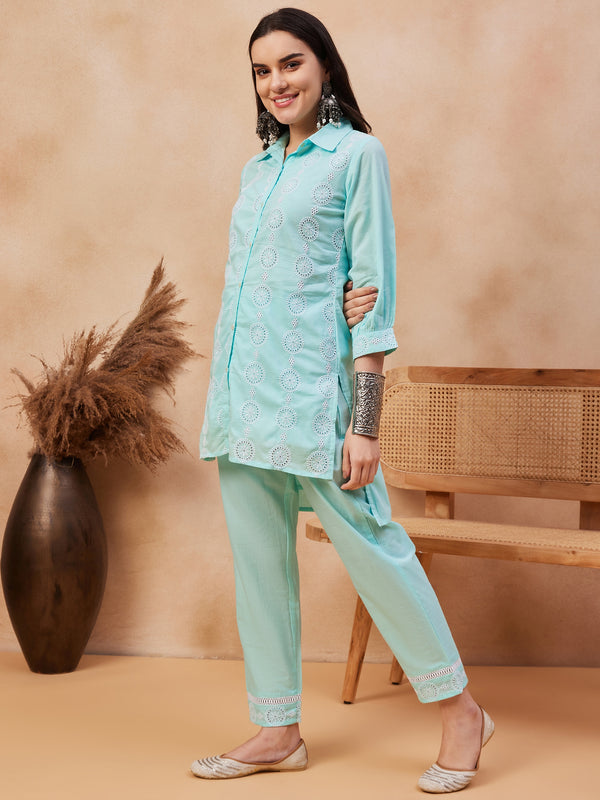 Cotton Schiffli Shirt-Collar Top With Trouser Co-Ords