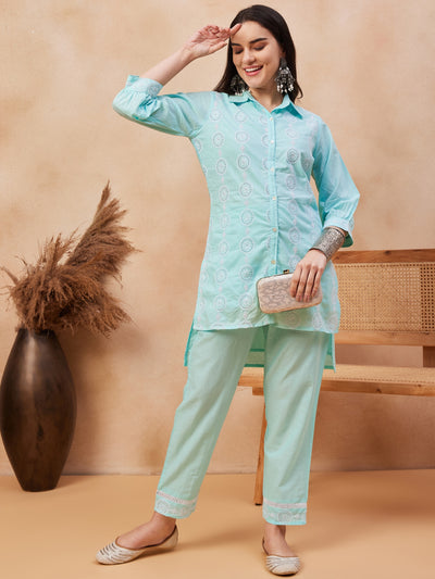 Cotton Schiffli Shirt-Collar Top With Trouser Co-Ords