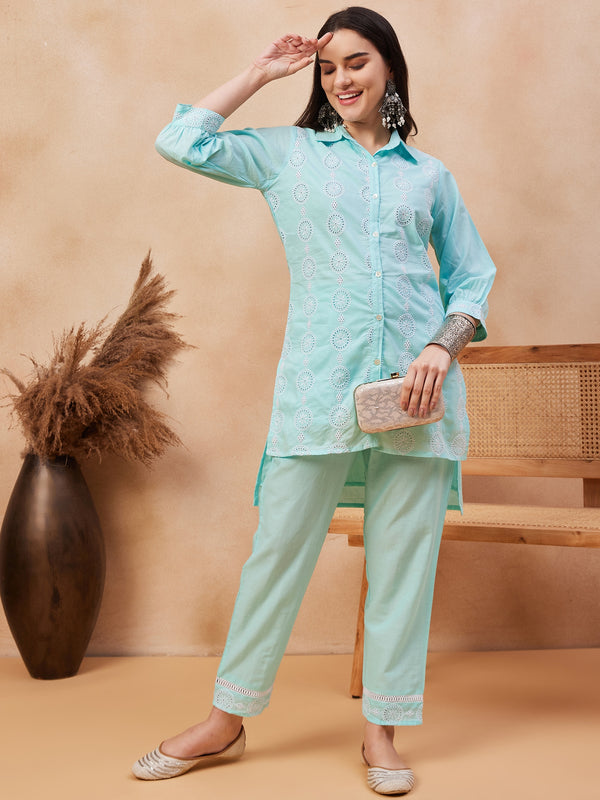 Cotton Schiffli Shirt-Collar Top With Trouser Co-Ords