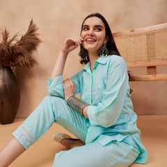 Cotton Schiffli Shirt-Collar Top With Trouser Co-Ords