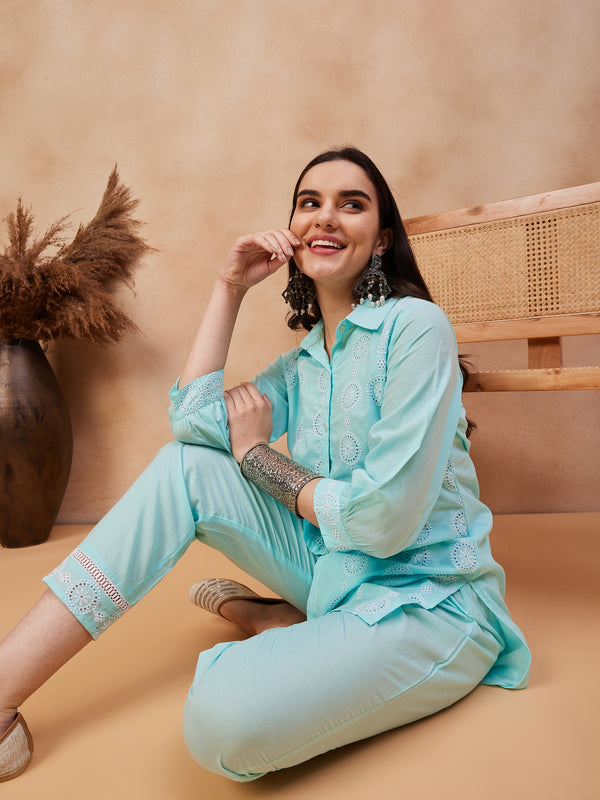 Cotton Schiffli Shirt-Collar Top With Trouser Co-Ords