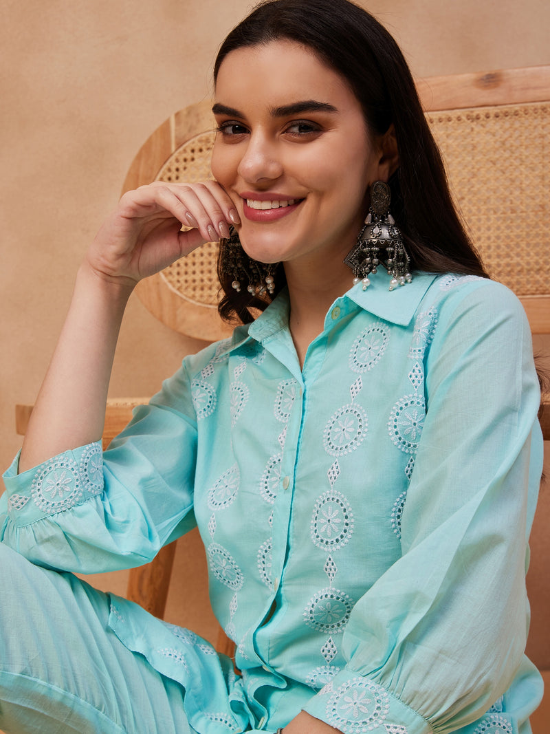 Cotton Schiffli Shirt-Collar Top With Trouser Co-Ords