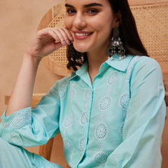 Cotton Schiffli Shirt-Collar Top With Trouser Co-Ords