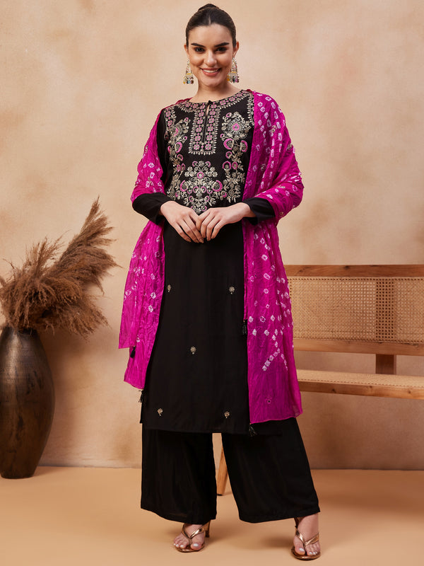 Embroidered Regular Thread Work Kurta with Palazzos & Dupatta