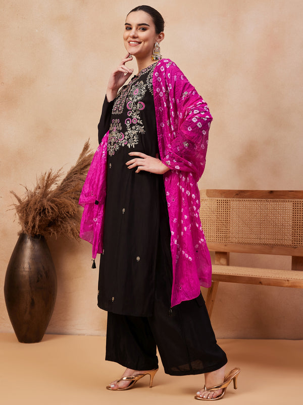 Embroidered Regular Thread Work Kurta with Palazzos & Dupatta