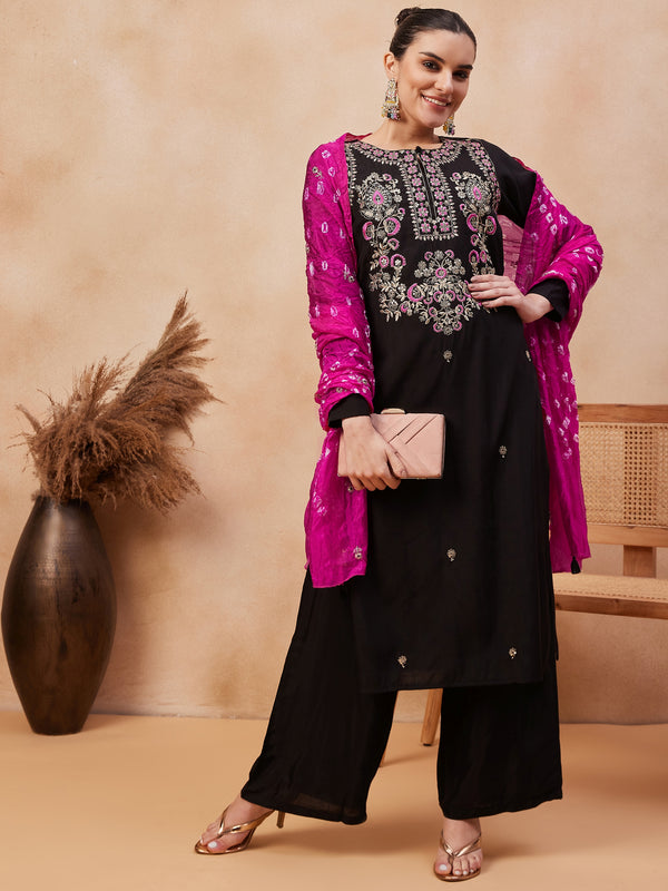 Embroidered Regular Thread Work Kurta with Palazzos & Dupatta
