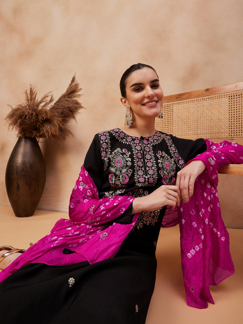 Embroidered Regular Thread Work Kurta with Palazzos & Dupatta